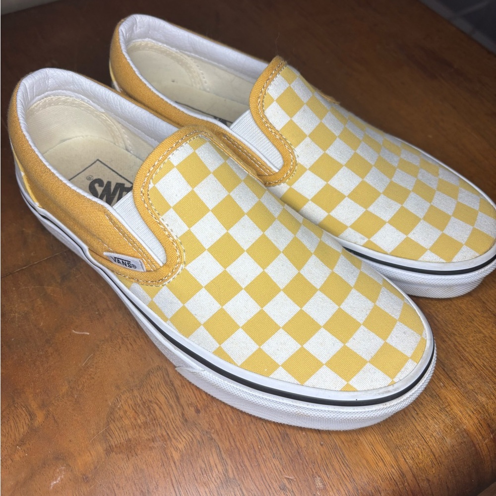 Vans Mustard and White Checkered Slip-Ons